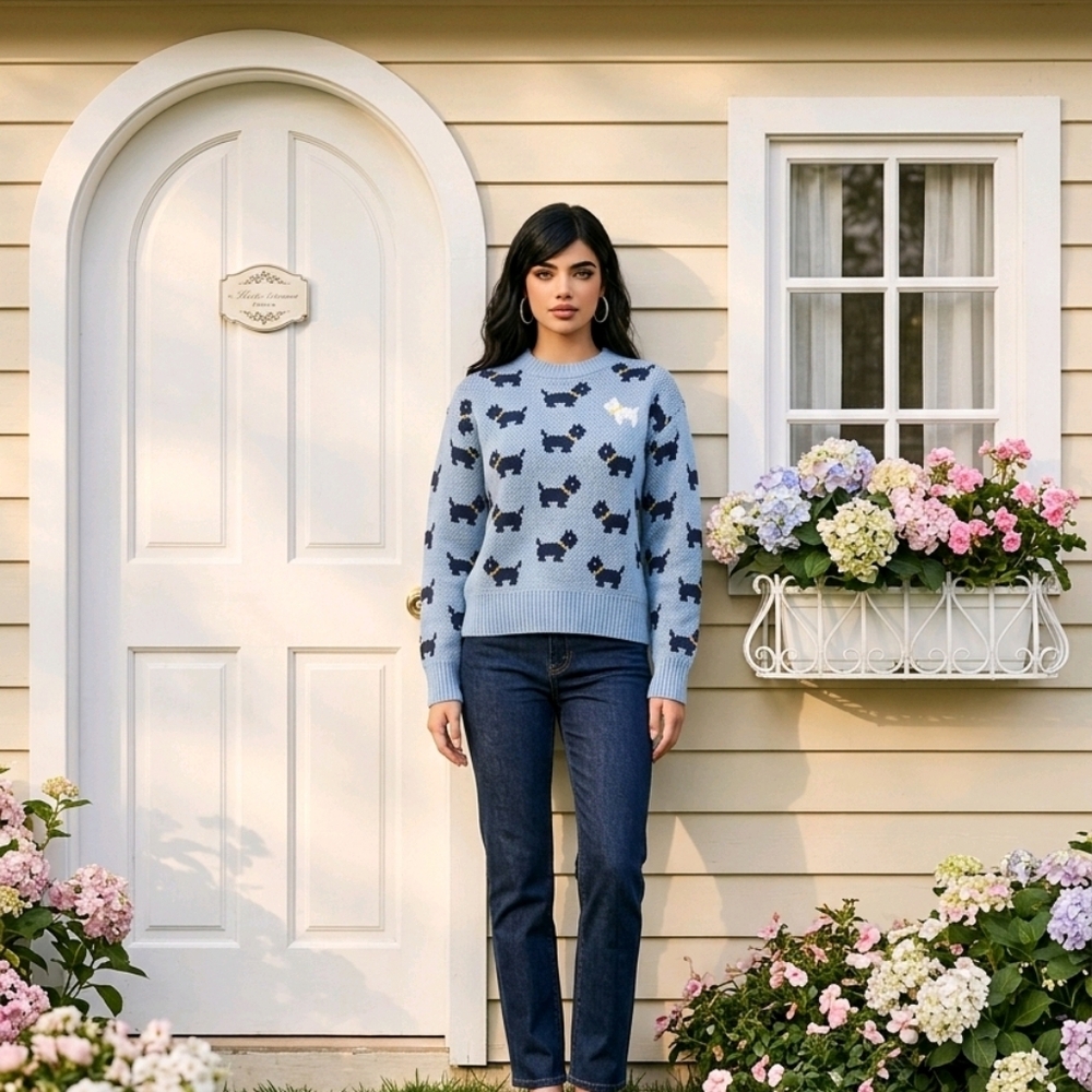 Netflix Light Blue Crewneck Sweater with Black & Yellow Scottie Dog Motif